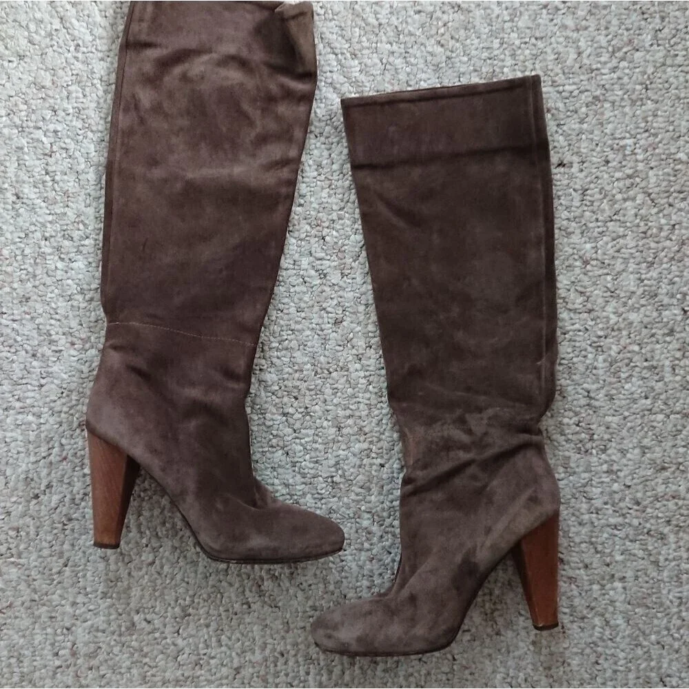 Joie brown knee high leather pull on boots wood block heel size 36.5